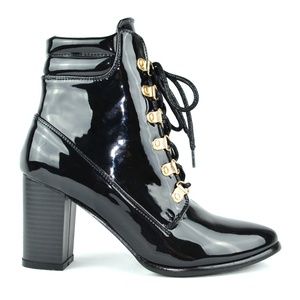 Black Chunky Heel Lace Up Pointy Toe Bootie